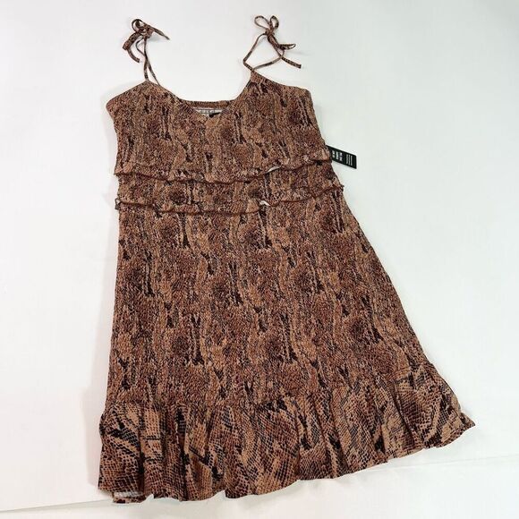 Express Mini Dress Womens Large Brown Smocked Snake Print Spaghetti Strap new - Picture 1 of 10